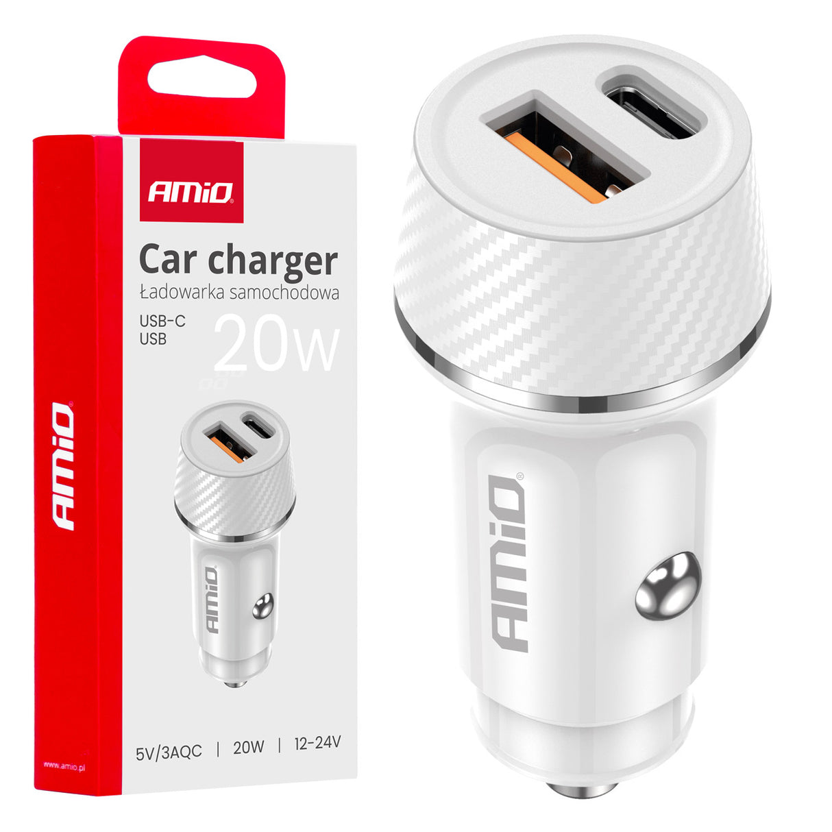 KARIKUES CELULARI AMiO AM-03878 1xUSB-A+1xUSB-C 20W DC12-24V