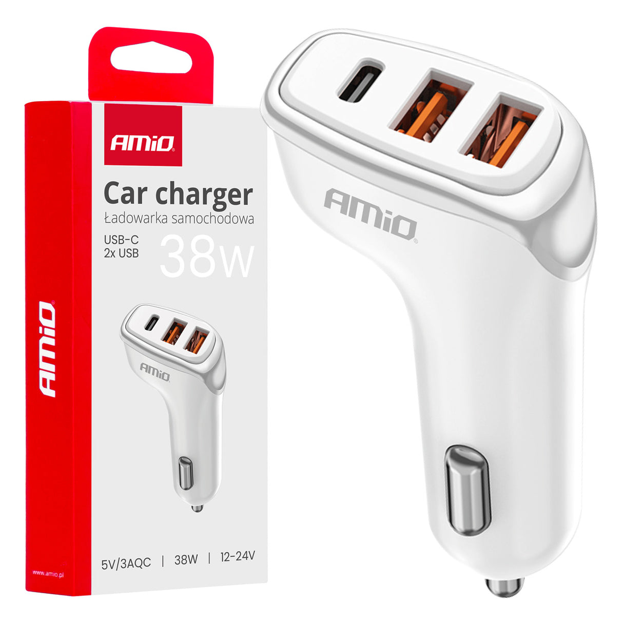 KARIKUES CELULARI AMiO AM-03886 2xUSB-A+1xUSB-C 38W DC12-24V