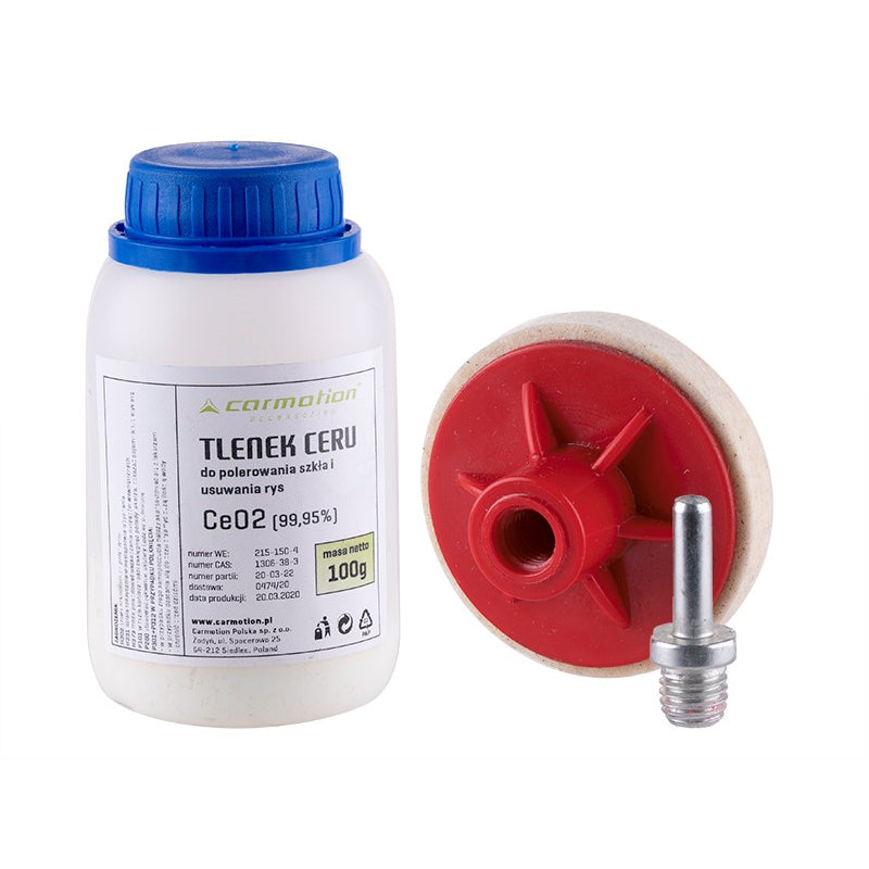 KIT LUCIDIMI PER FENERE DHE XHAMA MAKINE CM-86684 (Cerium Oxide 100g/ Tampon 75x5mm/ Adaptor M14)