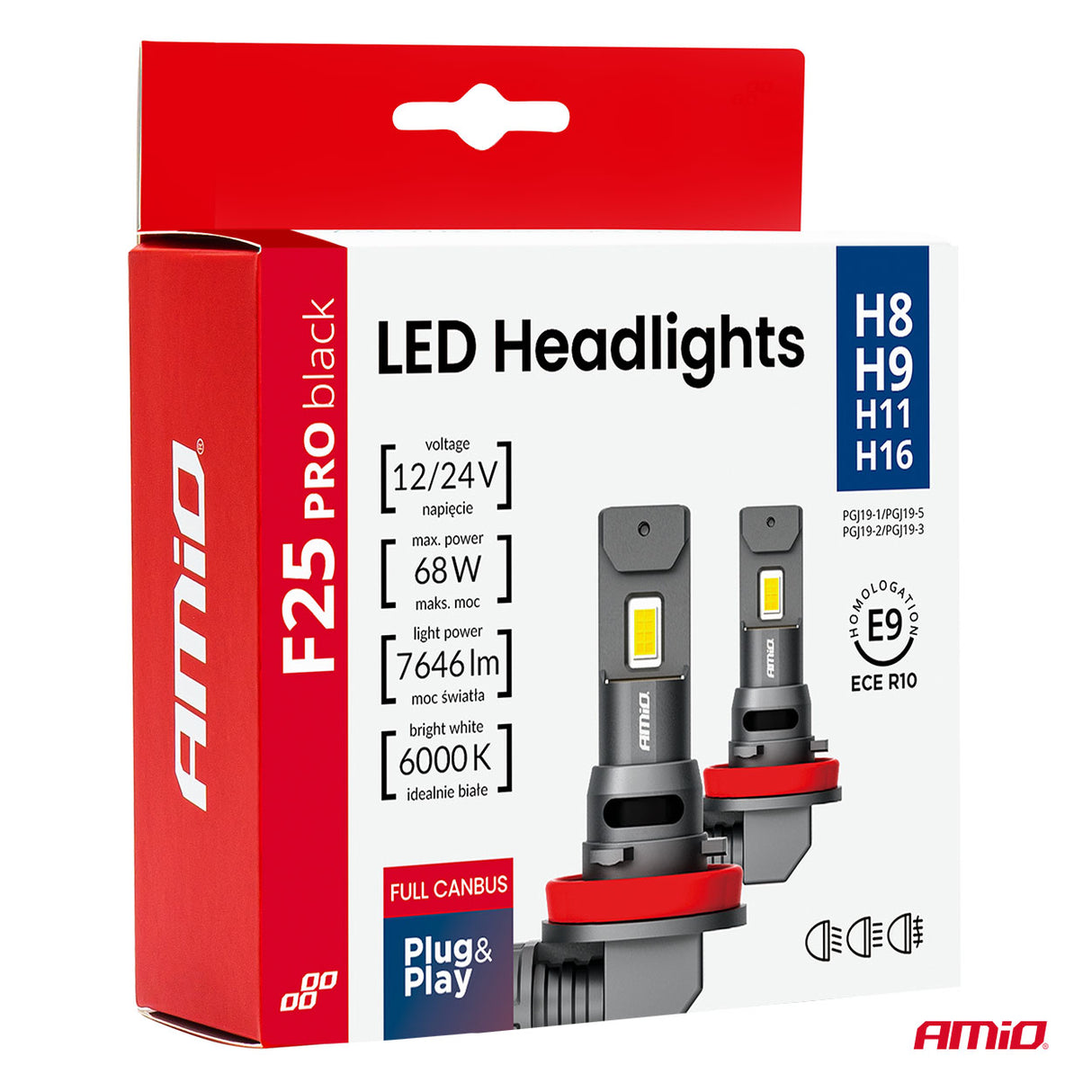 LLAMPA LED AMiO F25 PRO BLACK-Series H8/ H9/ H11/ H16 AM-04721 FULL CANBUS 12/24V 68W 7646LM 6000K SET