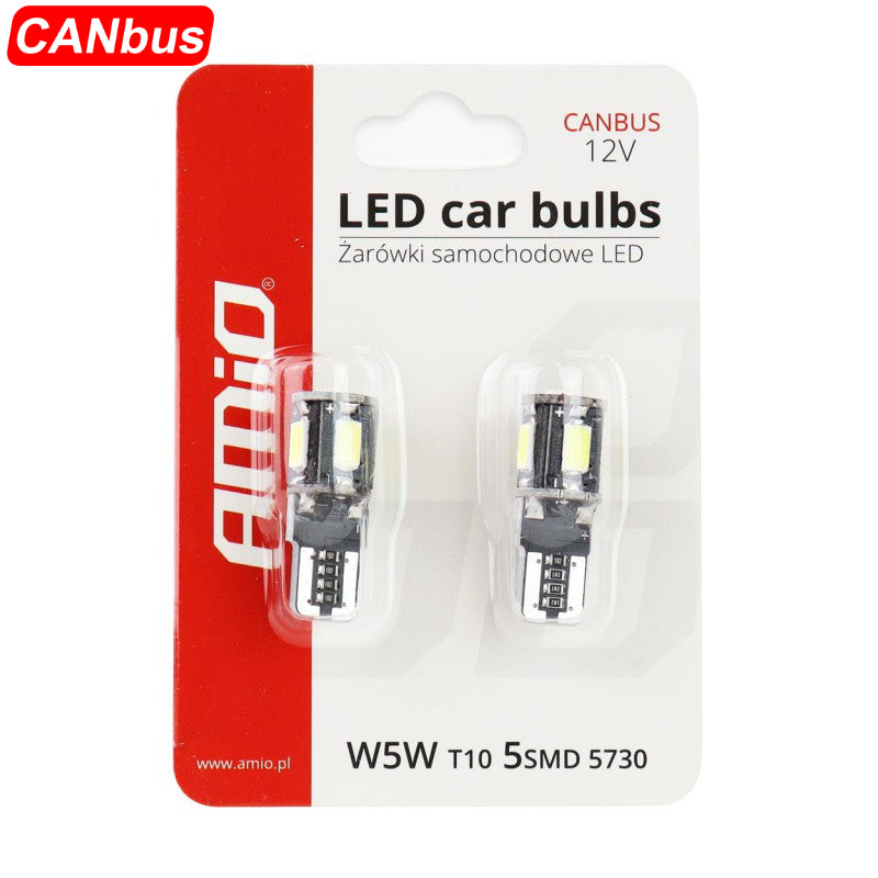 LLAMPA LED CANBUS AMiO AM-01628 5730-5SMD W5W 12V Te bardha