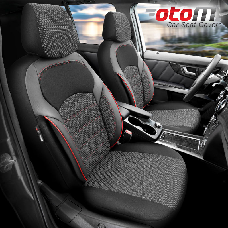 VESHJE SEDILJE OTOM NOVA NOV-3302 JACQUARD-LEATHER AIRBAG (BLACK+Red Stitching) SET