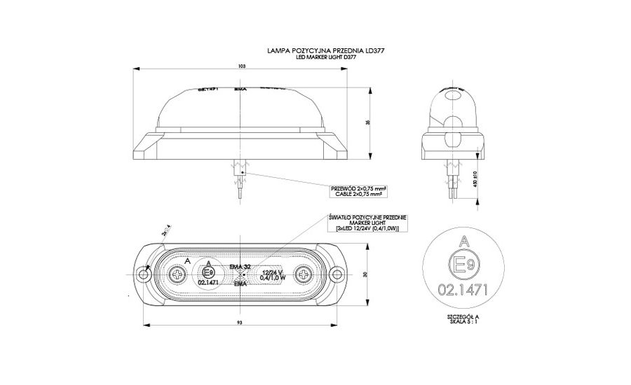 SINJAL KAMIONI LED MT-WMLHOR-370 12/24V 3-LED E BARDHE 1 COPE