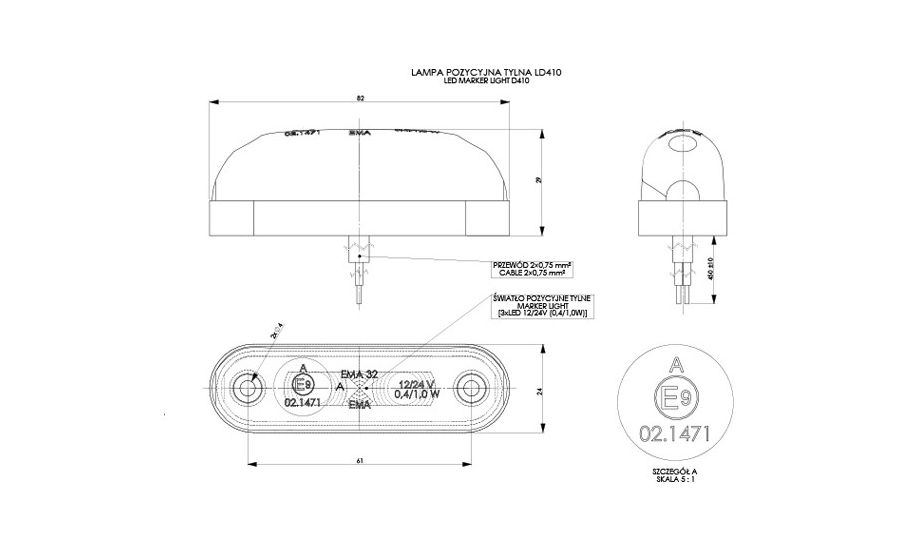 SINJAL KAMIONI LED MT-WMLHOR-410 12/24V 3-LED E KUQE OVAL 1 COPE