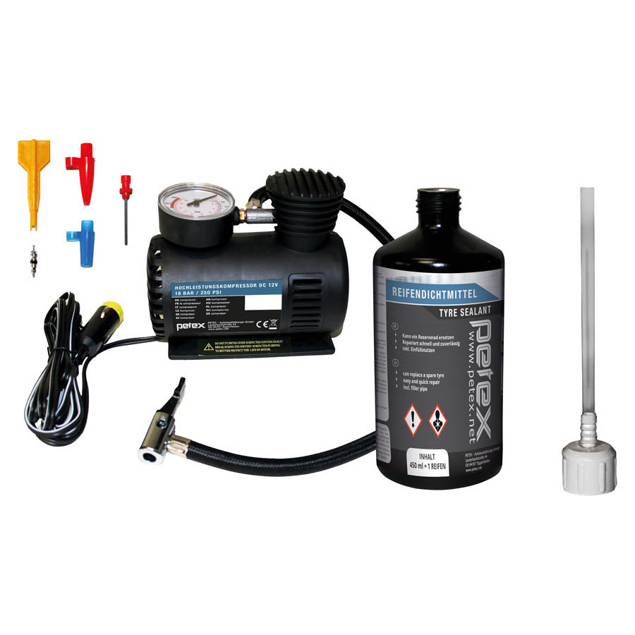 KIT PER RIPARIM DHE FRYERJE GOME PETEX (KOMPRESOR AJRI 12 V + SOLUCION PER RIPARIM GOME 450 mL)