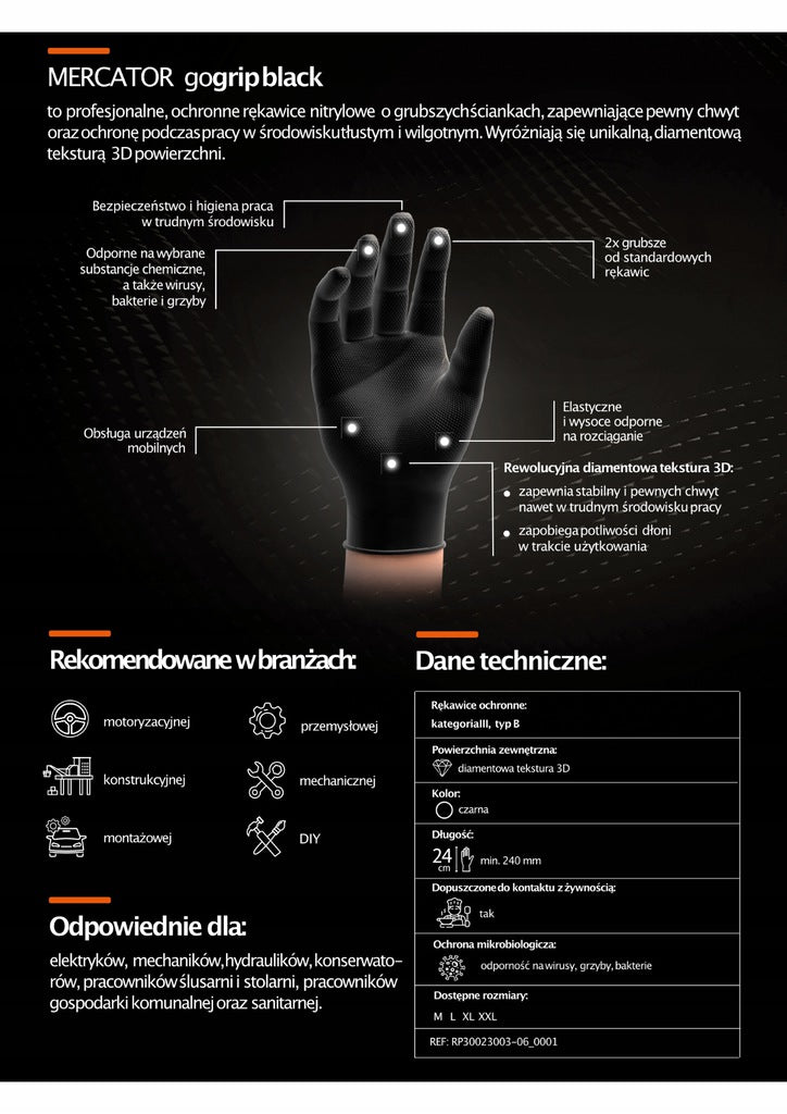DOREZA NITRILI AM-20311-Mercator GO-GRIP BLACK (MASA: L) 50 COPE