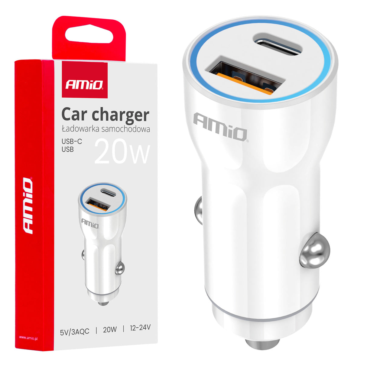 KARIKUES CELULARI AMiO AM-03881 1xUSB-A+1xUSB-C 20W DC12-24V