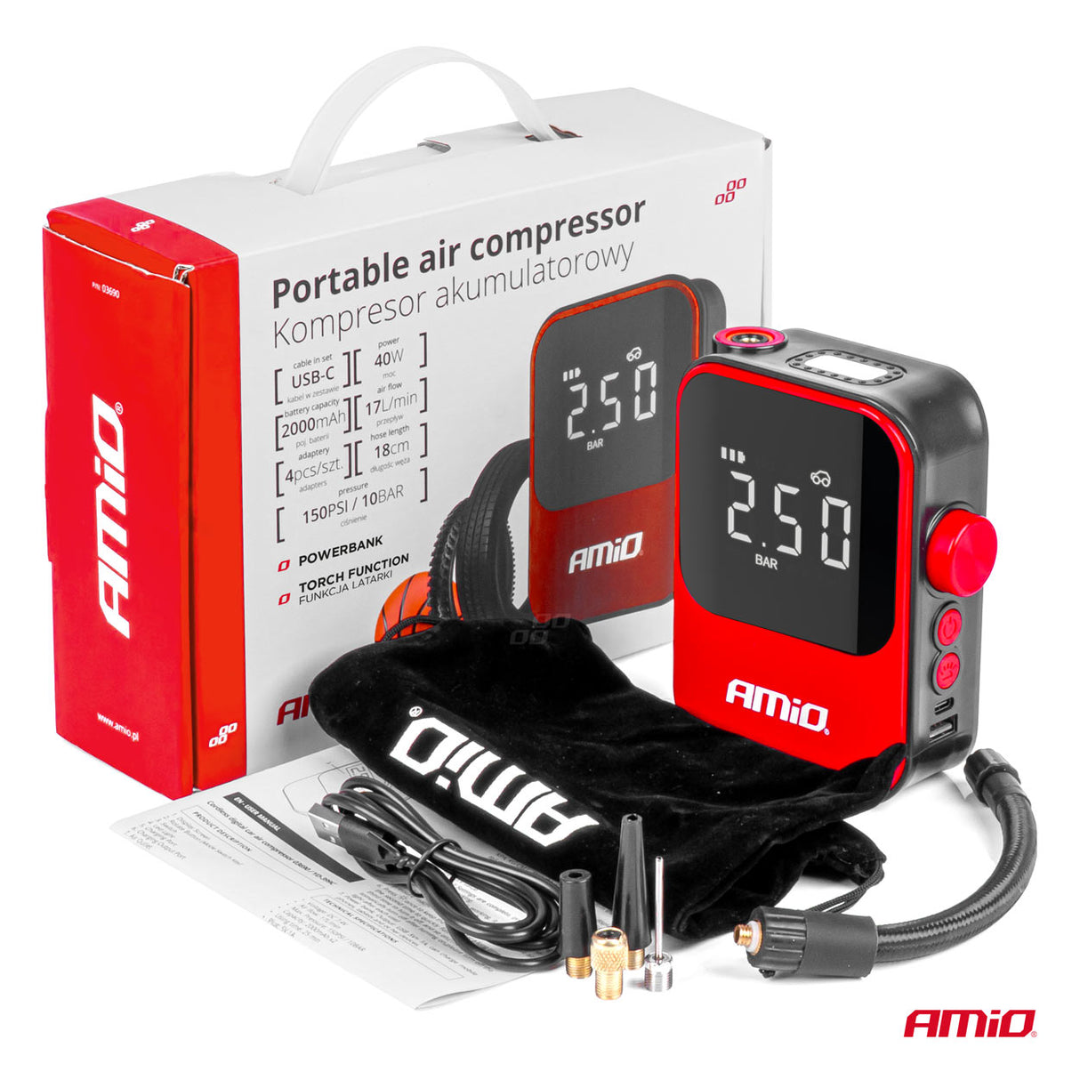 KOMPRESOR AJRI AMiO AM-03690 DC7.4V 40W 150PSI 10bar CORDLESS (Charging: USB-C)