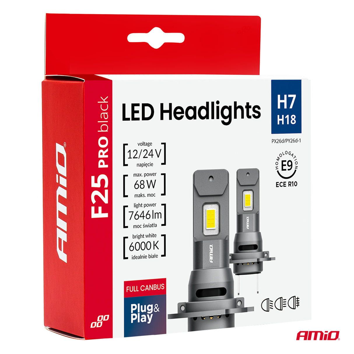 LLAMPA LED AMiO F25 PRO BLACK-Series H7/ H18 AM-04720 FULL CANBUS 12/24V 68W 7646LM 6000K SET