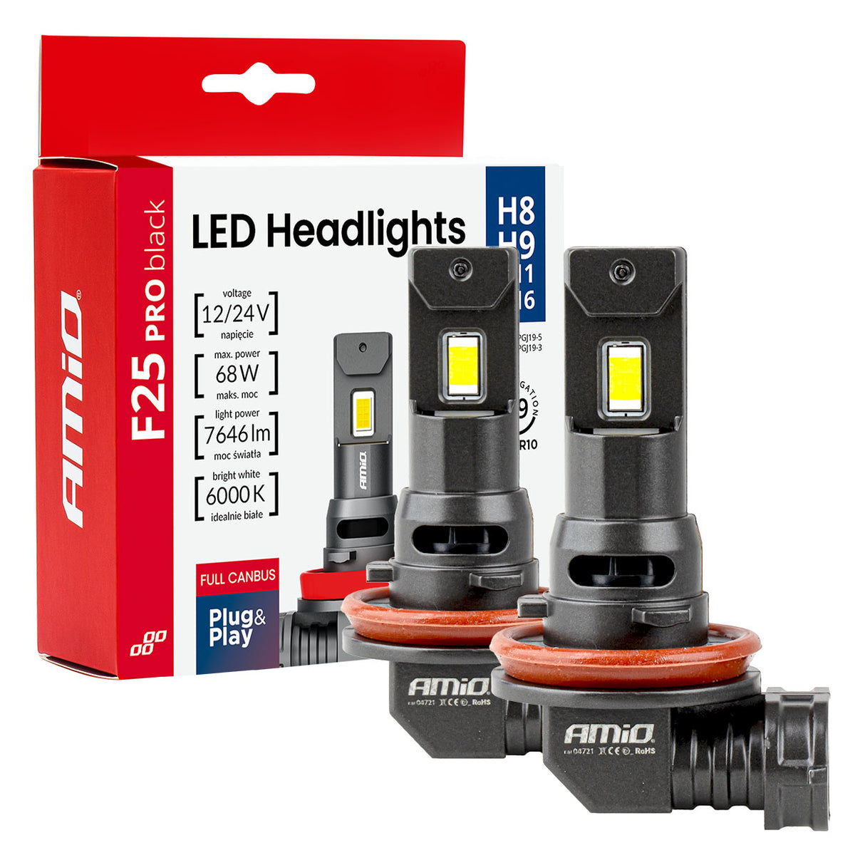 LLAMPA LED AMiO F25 PRO BLACK-Series H8/ H9/ H11/ H16 AM-04721 FULL CANBUS 12/24V 68W 7646LM 6000K SET