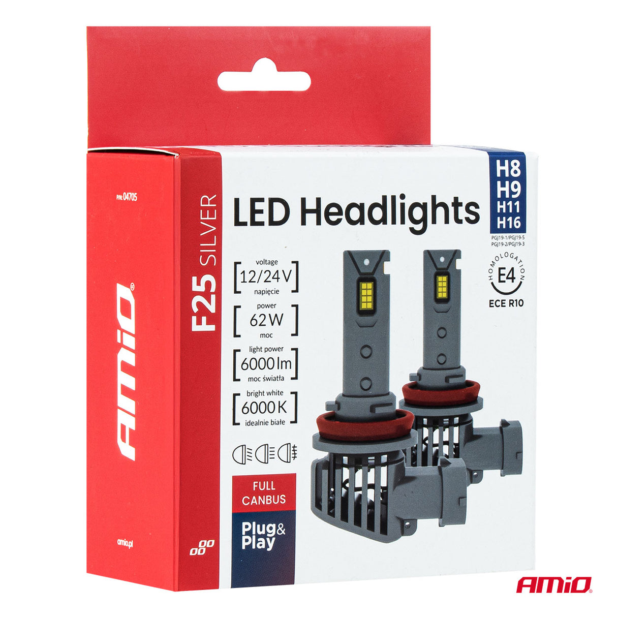 LLAMPA LED AMiO F25 SILVER-Series H8/ H9/ H11/ H16 AM-04705 FULL CANBUS 12/24V 62W 6000LM 6000K SET