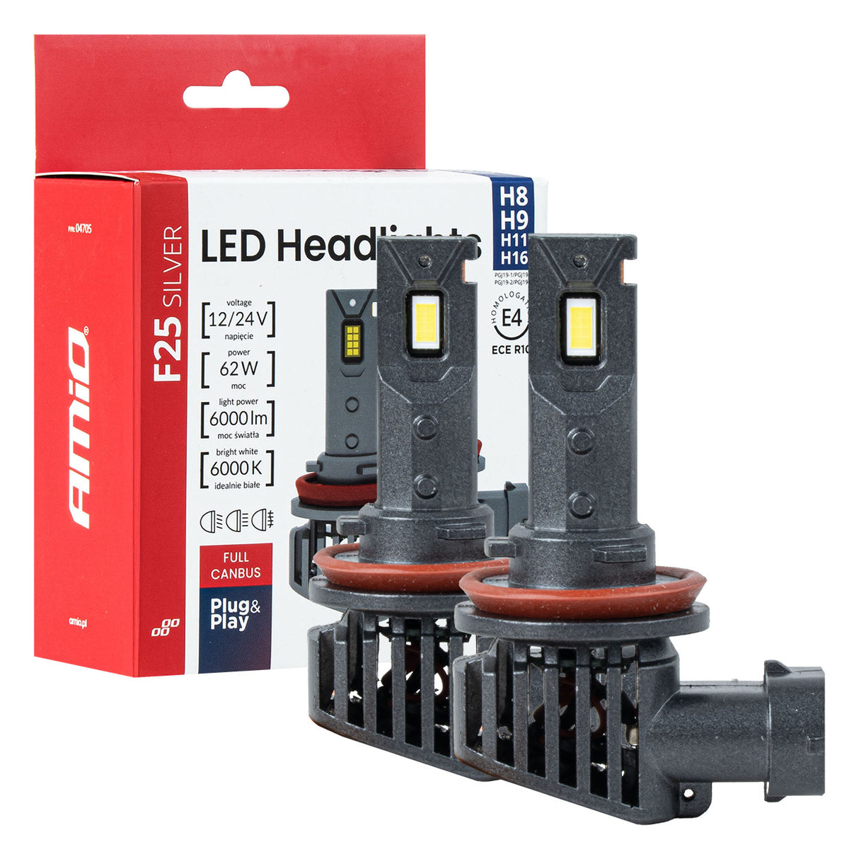 LLAMPA LED AMiO F25 SILVER-Series H8/ H9/ H11/ H16 AM-04705 FULL CANBUS 12/24V 62W 6000LM 6000K SET