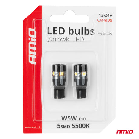 LLAMPA LED CANBUS AMiO AM-04239 5xSMD-3030 W5W 12-24V TE BARDHA 2 COPE