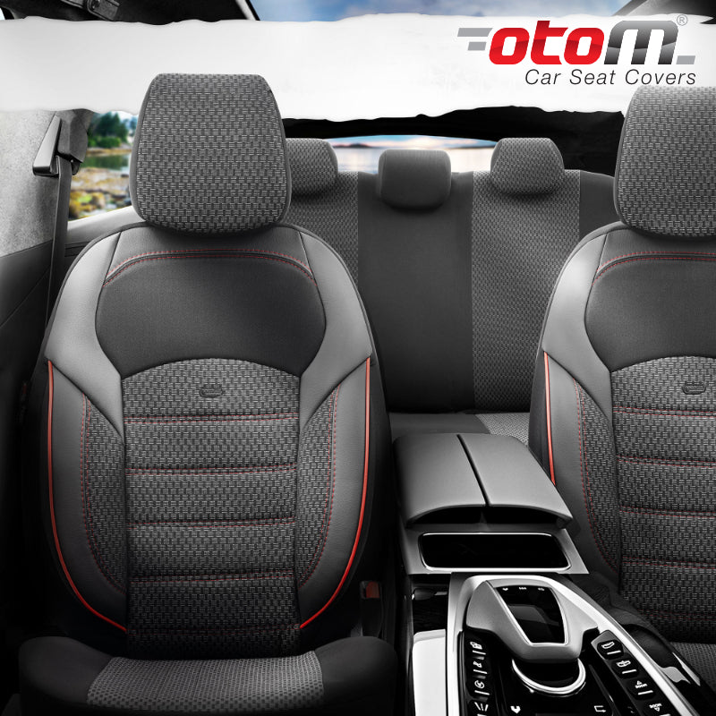 VESHJE SEDILJE OTOM NOVA NOV-3302 JACQUARD-LEATHER AIRBAG (BLACK+Red Stitching) SET
