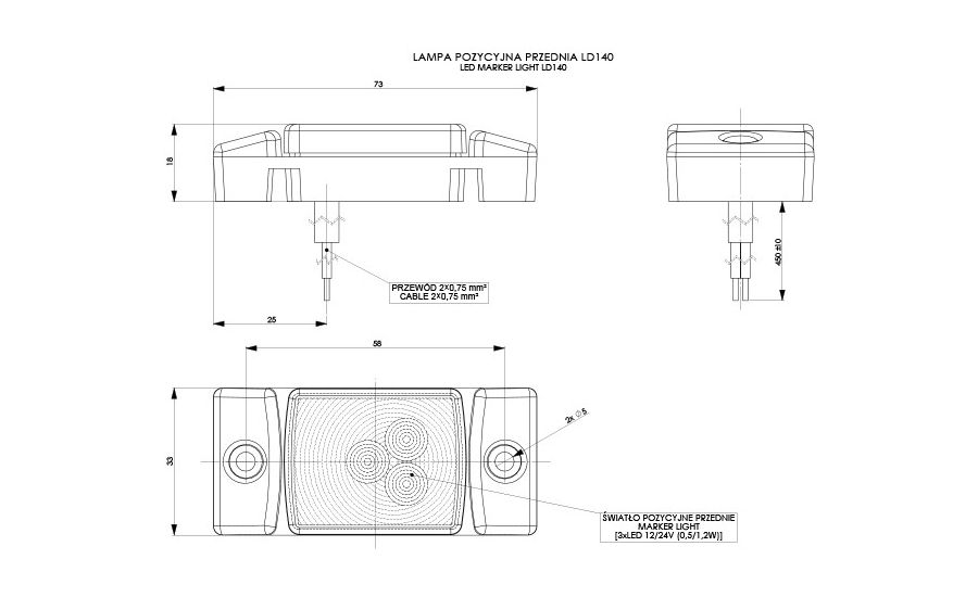 SINJAL KAMIONI LED MT-WMLHOR-140 12/24V 3-LED E BARDHE 1 COPE