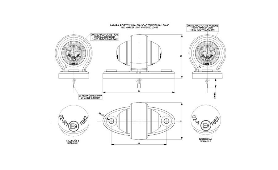 SINJAL KAMIONI LED MT-WMLHOR-465 12/24V 2-LED E BARDHE-E KUQE OVAL 1 COPE